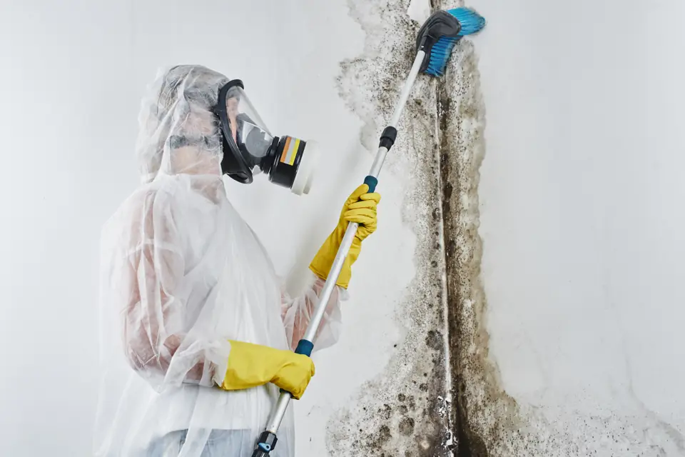 Mold remediation specialist in protective gear treating a moldy wall